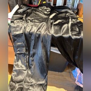 Fashion Nova Black Wide Leg Satin Cargo Pants
